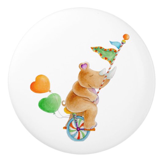 Brauner Rhinowhimsy Aquarellzirkus vor der Haustür Keramikknauf (Vorderseite)