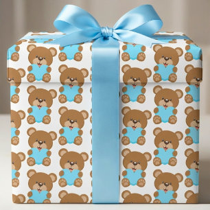 Brauner Teddybär Blaues Herz Geschenkpapier Set