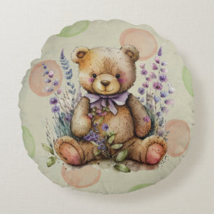 Brauner Teddybär Lavendelblumen und Tupfen Rundes Kissen
