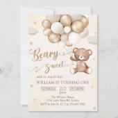 Brauner Teddybär mit Balloons Einladung zum Geburt (Vorderseite)