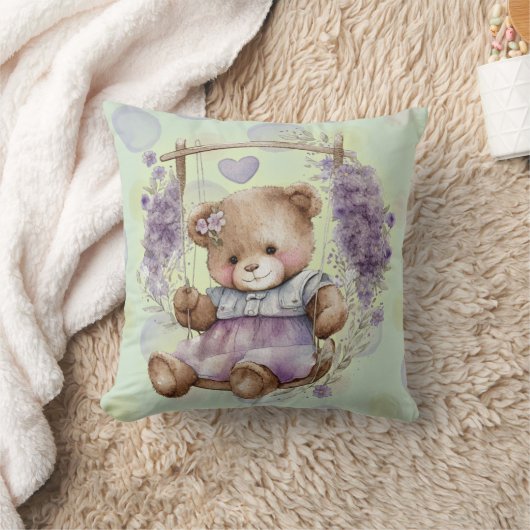 Brauner Teddybär Schwingen Lavendelkleid und Polka Kissen (Decke)