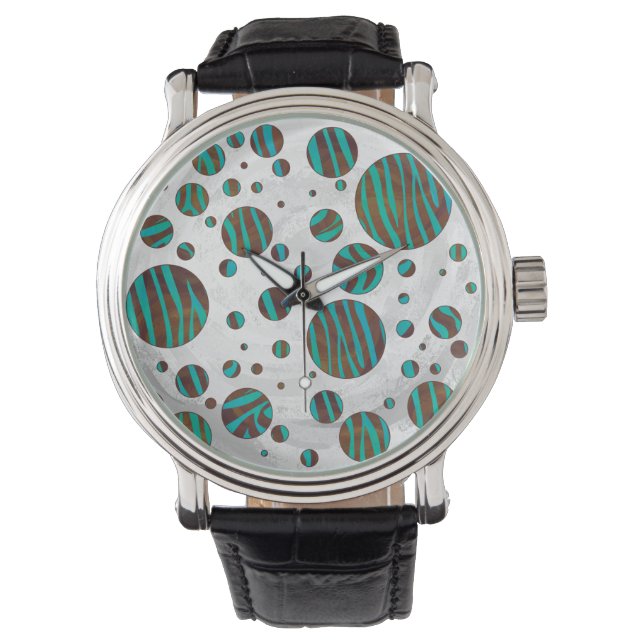 Brauner und Aquamariner Polka Dot Zebra Armbanduhr (Vorderseite)