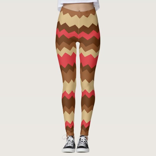 Brauner und roter Herbst Zig Zag gestreift Leggings (Vorderseite)