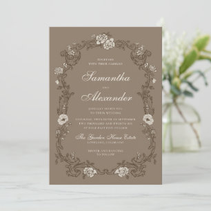 Brauner Vintage-Blumenkranz-Hochzeit Einladung
