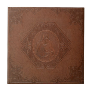 Brauner Vintage-Lederrahmen mit Pferdekopf-Motiv Fliese