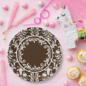 Brauner weißer Damast Floral Wirbel Persönlich Pappteller (Party)