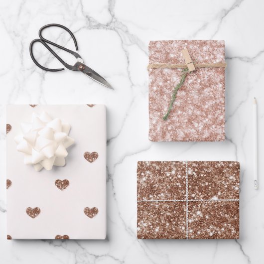Brauner Zucker Rosa Glitter Herzen Geburtstag Geschenkpapier Set (Vorderseite)