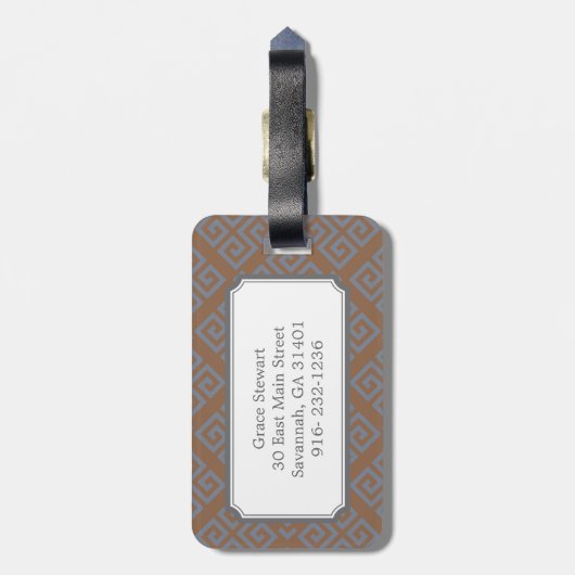 Braunes abstraktes geometrisches Mustermonogramm Gepäckanhänger (Rückseite vertikal)