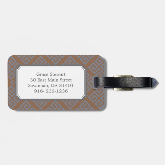 Braunes abstraktes geometrisches Mustermonogramm Gepäckanhänger (Rückseite horizontal)