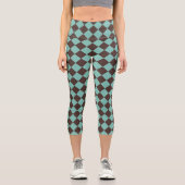 Braunes Aquamarines Schachbrett Diamantmuster Capri Leggings (Vorderseite)