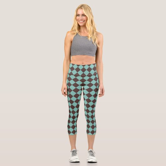 Braunes Aquamarines Schachbrett Diamantmuster Capri Leggings (Vorderseite)