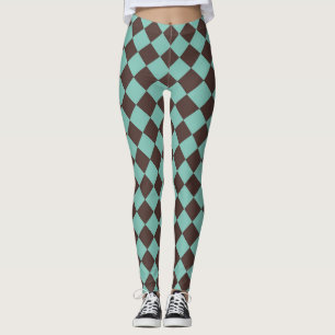 Braunes Aquamarines Schachbrett Diamantmuster Leggings
