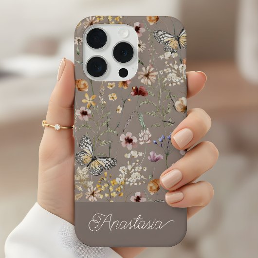 Braunes Boho-Wasserfarben-Wildblumenmuster iPhone Hülle
