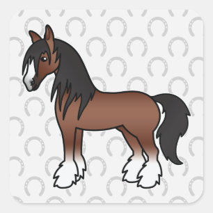 Braunes Cartoon Gypsy Vanner Shire Clydesdale Pfer Quadratischer Aufkleber