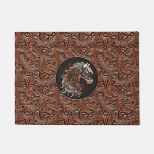 Braunes Cowgirl mit Blumenmotiven aus Leder Fußmatte