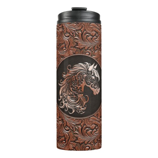 Braunes Cowgirl mit Blumenmotiven aus Leder Thermosbecher (Vorderseite)