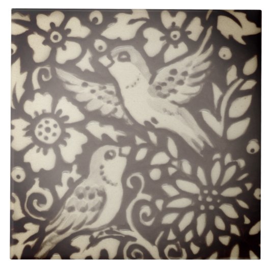 Braunes Cream Bird Floral Foliage Holz Dekoration Fliese (Vorderseite)