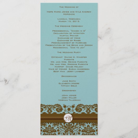 Braunes Damast-Monogramm-Hochzeitsprogramm Programm (Vorderseite)