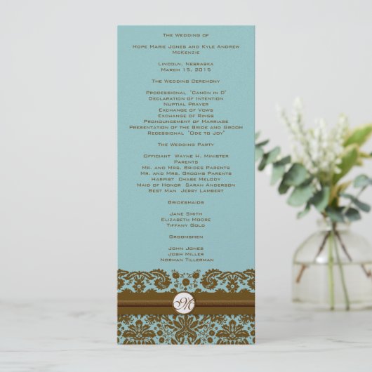 Braunes Damast-Monogramm-Hochzeitsprogramm Programm (Stehend Vorderseite)