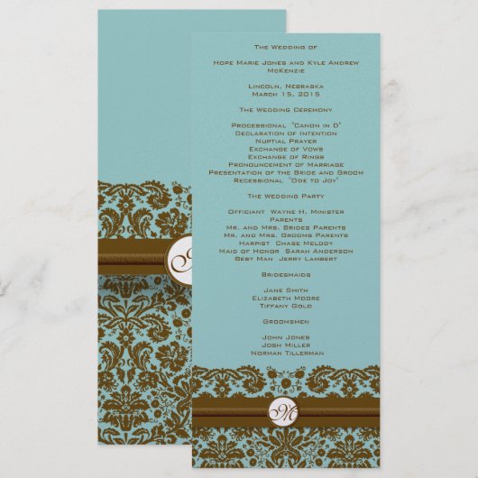 Braunes Damast-Monogramm-Hochzeitsprogramm Programm (Vorne/Hinten)