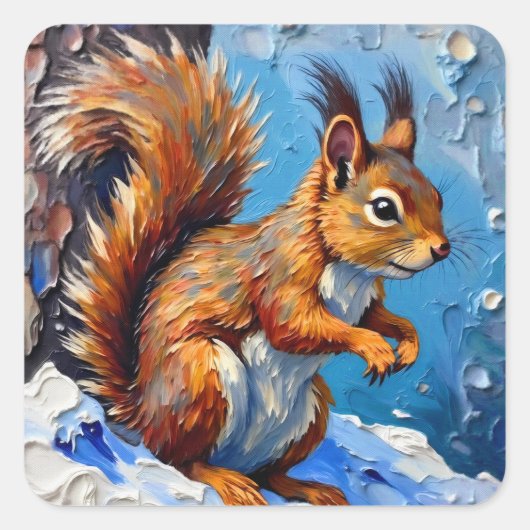 Braunes Eichhörnchen im Schnee Quadratischer Aufkleber (Vorderseite)