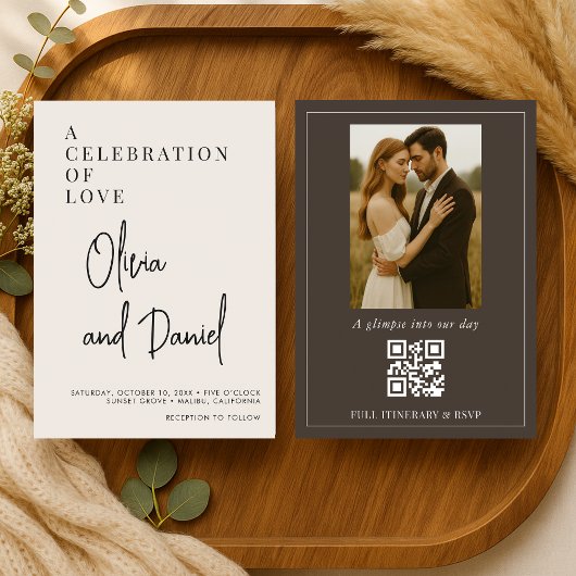 Braunes Espresso-Script-Foto-QR-Code-Hochzeit Einladung