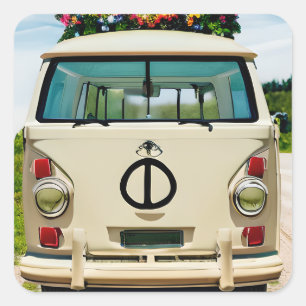 Braunes florales Retro-Hippie-Van-Vintage-Art Quadratischer Aufkleber
