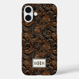 Braunes, getriebenes Leder mit Monogramm im Vintag iPhone 16 Plus Hülle