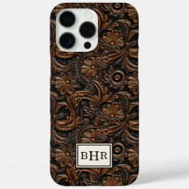 Braunes, getriebenes Leder mit Monogramm im Vintag iPhone 16 Pro Max Hülle