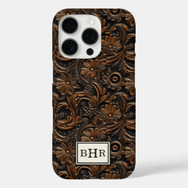 Braunes, getriebenes Leder mit Monogramm im Vintag iPhone 16 Pro Hülle