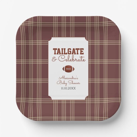 Braunes Gingham-Fußball-Tailgate-Baby-Shower Pappteller (Vorderseite)