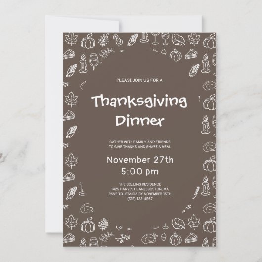 Braunes, handgezogenes Erntedank Party Einladung (Vorderseite)