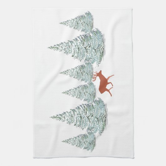 Braunes Hirsch unter schneebedeckten Spruce Trees Geschirrtuch (Vertikal)