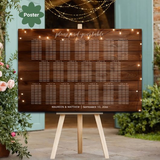Braunes Holz String Lights 20 Tische Hochzeitssitz Poster