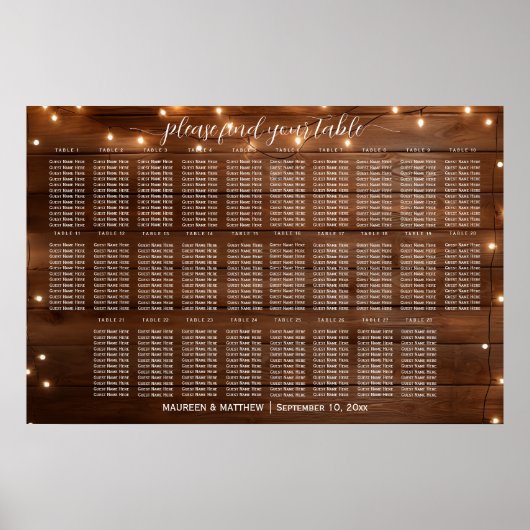 Braunes Holz String Lights 28 Tische Hochzeitssitz Poster (Vorne)