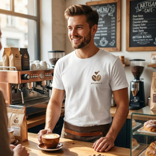 Braunes Kaffeebohnen-Herz-Logo-Cafe-Mitarbeiter He T-Shirt