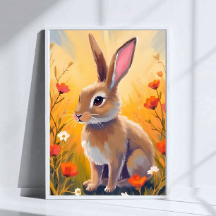 Braunes Kaninchen Blumiges Feld Tiermalerei Kunst Poster