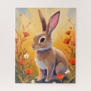 Braunes Kaninchen Blumiges Feld Tiermalerei Puzzle