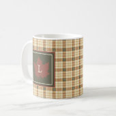 Braunes Kariertes Muster Fall Ahornleaf Monogramm Kaffeetasse (Vorderseite Links)