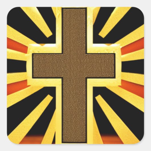 Braunes Kreuz mit Rays Background Quadratischer Aufkleber (Vorderseite)