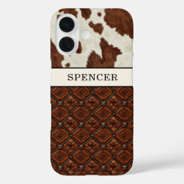 Braunes Kuhleder und monogrammierte Leder iPhone 16 Hülle