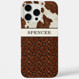 Braunes Kuhleder und monogrammierte Lederteile iPhone 16 Pro Max Hülle