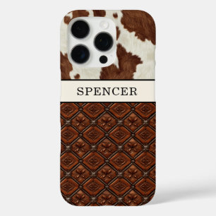 Braunes Kuhleder und monogrammierte Lederteile iPhone 16 Pro Hülle