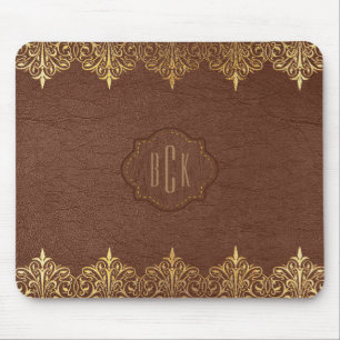 Braunes Kunstleder mit goldener Stickerei Monogram Mousepad
