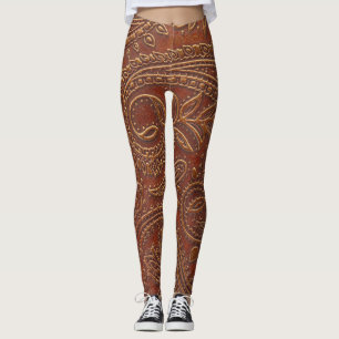 Braunes Leder, gearbeitete Blumenmuster. Leggings