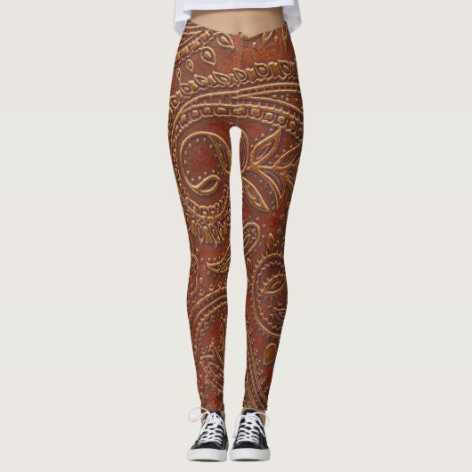 Braunes Leder, gearbeitete Blumenmuster. Leggings (Vorderseite)