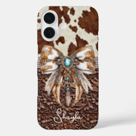 Braunes Leder-Kuhleder-Juwelen-Bogen-Monogramm iPhone 16 Hülle