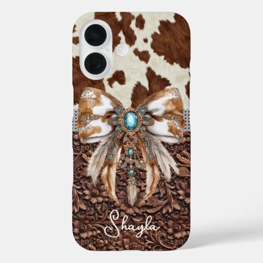 Braunes Leder-Kuhleder-Juwelen-Bogen-Monogramm Case-Mate iPhone Hülle (Rückseite)
