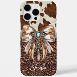 Braunes Leder-Kuhleder-Juwelen-Bogen-Monogramm iPhone 16 Pro Max Hülle