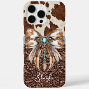 Braunes Leder-Kuhleder-Juwelen-Bogen-Monogramm iPhone 16 Pro Max Hülle